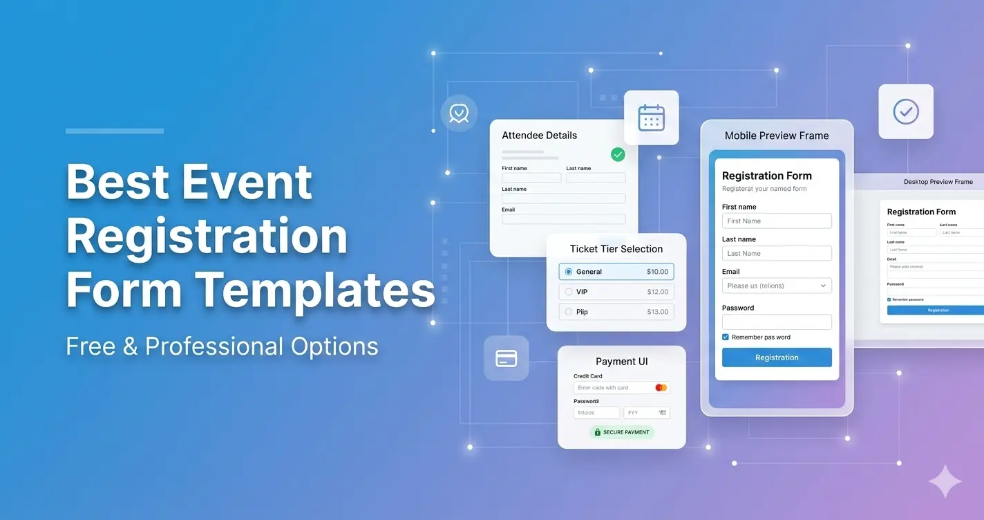 Professional event registration form templates displayed with ticket selection, attendee fields, and payment integration interface