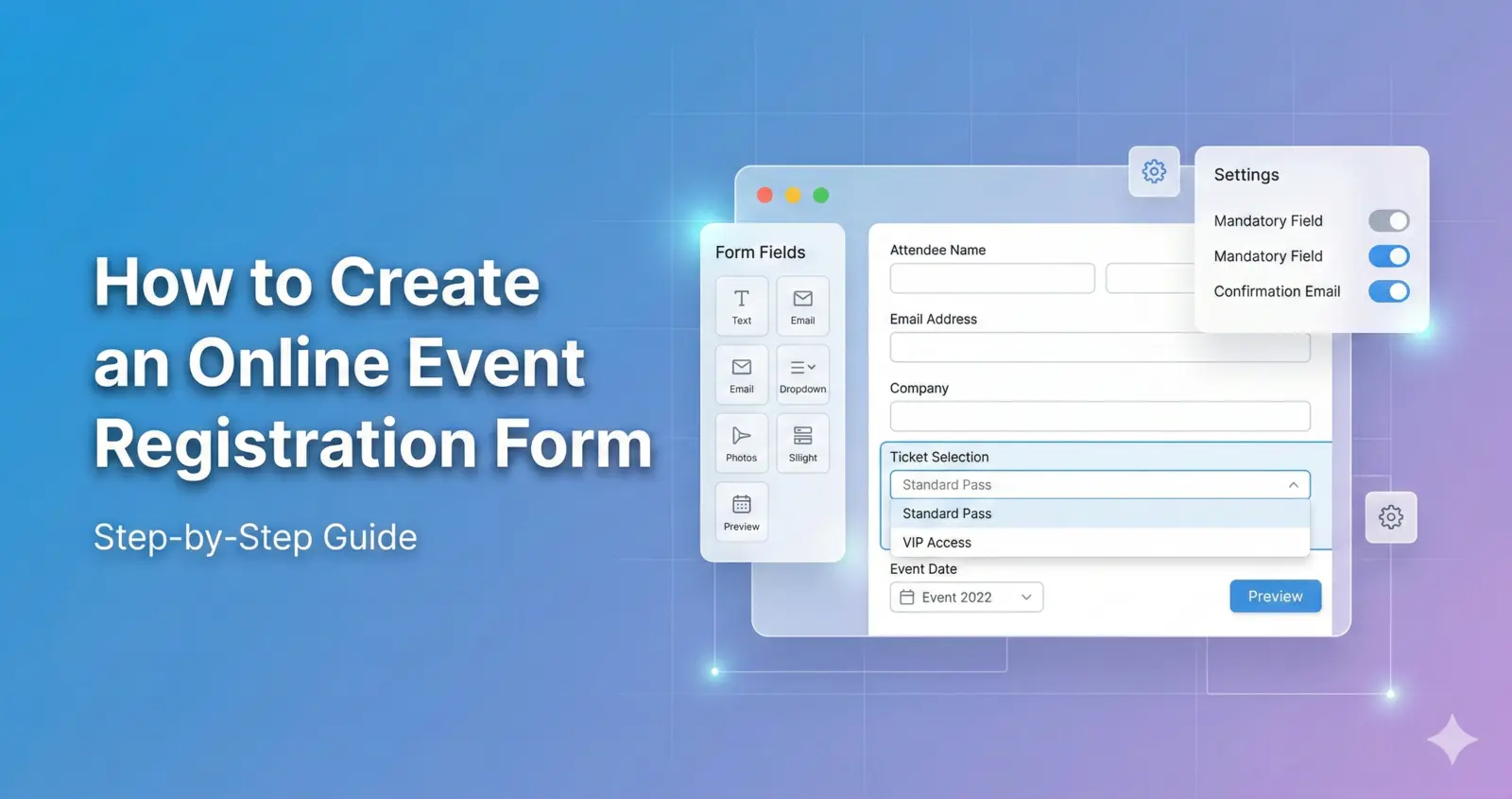 Online event registration form builder interface showing editable ticket fields, attendee information inputs, and payment options