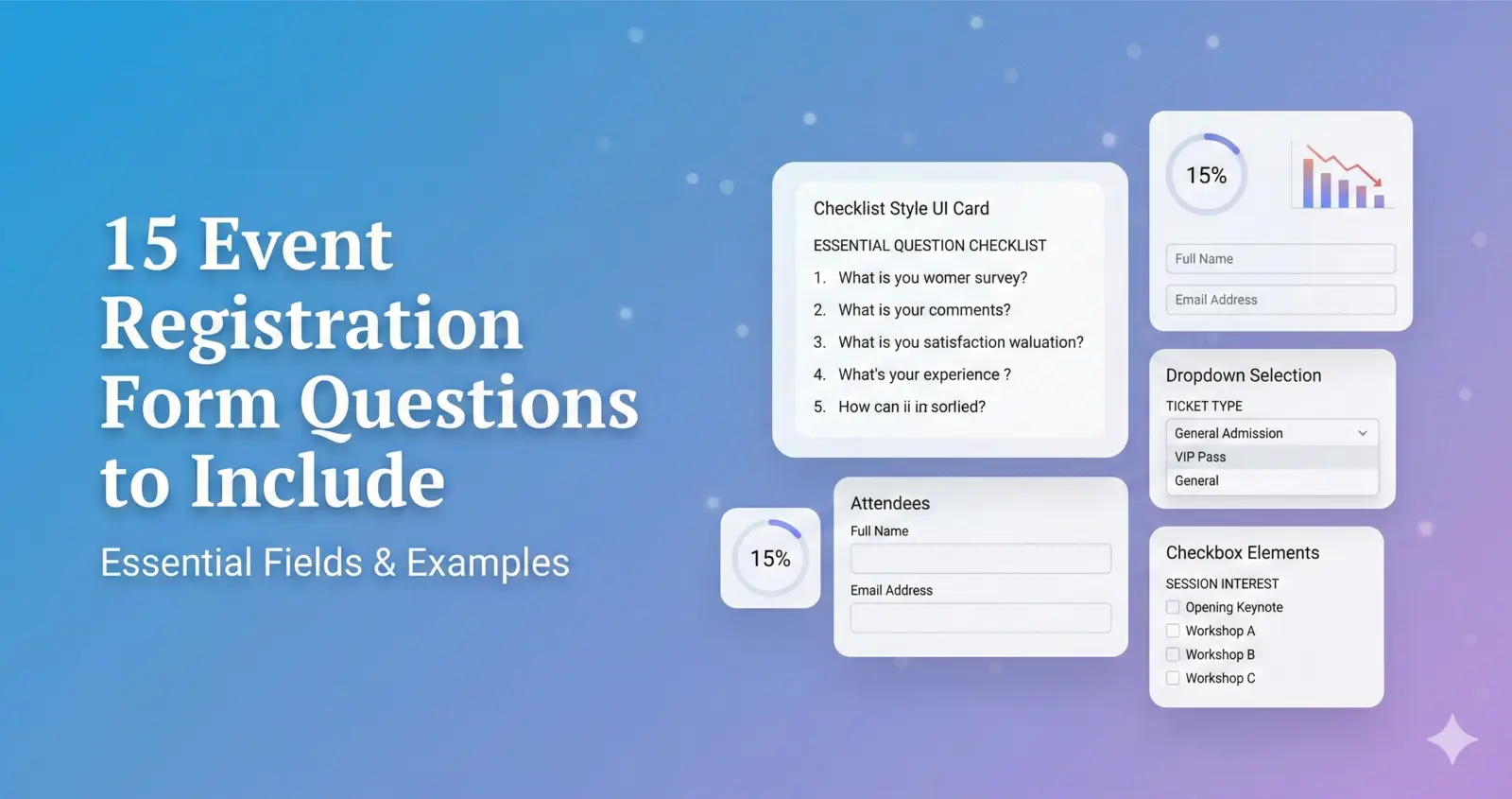 Online event registration form showing checklist of essential attendee questions and ticket selection options