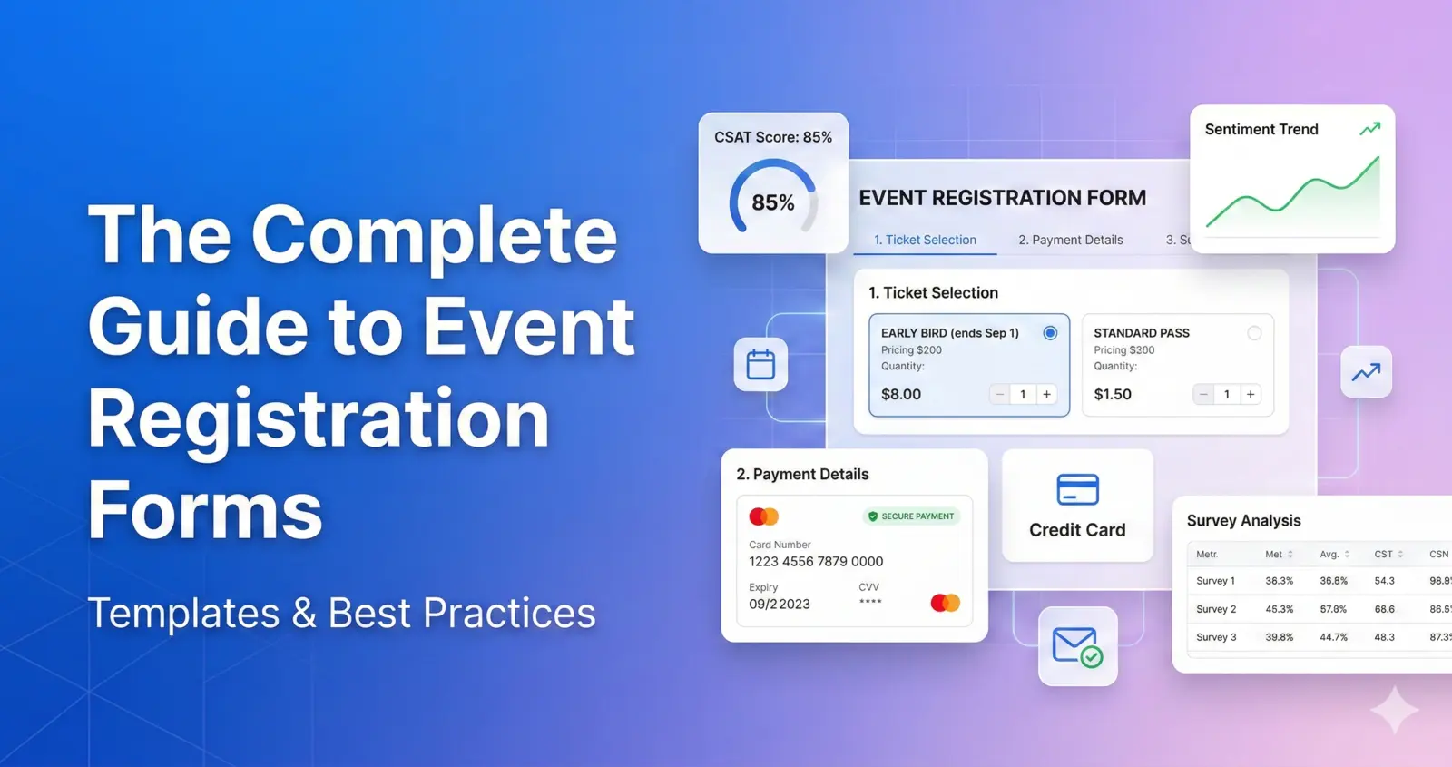 Online event registration form template showing attendee fields and ticket selection options